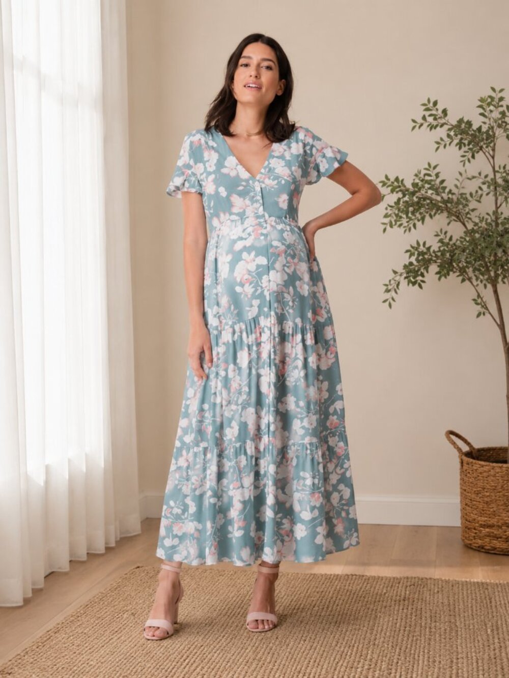 Seraphine Avia Sage Floral Maternity and Nursing Tiered Midi Dress 12